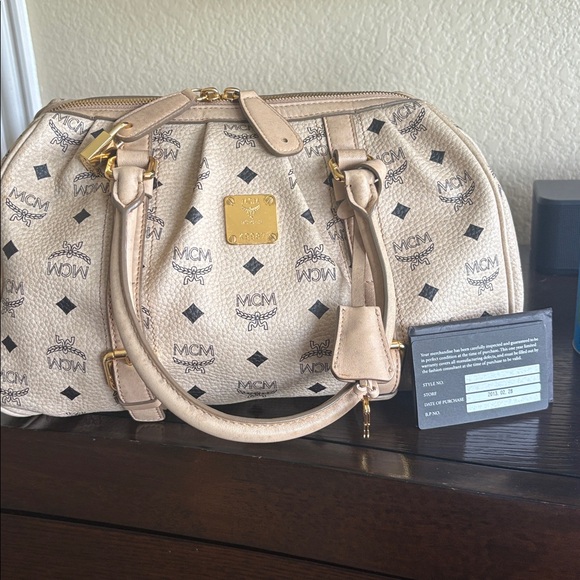 MCM Handbags - MCM Visetos Beige Leather Boston Satchel